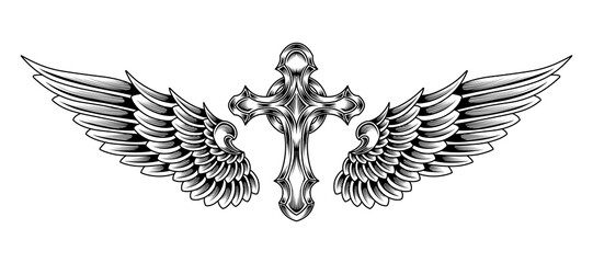 cross with angel wings tattoo vintage illustration design