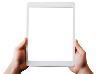 Mockup Hands holding Tablet computer realistic on transparent background cutout, PNG file.