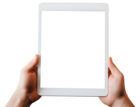 Mockup Hands holding Tablet computer realistic on transparent background cutout, PNG file.