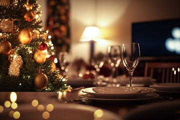 Christmas dinner table preparation and new eve dinner. Luxury design for a new year celebration, Wedding anniversary,meet and greet fine dining.