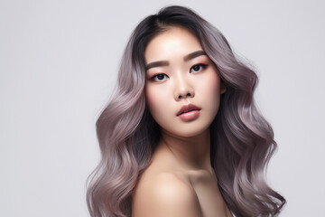 Fototapeta premium Portrait of Asian Beautiful supermodel woman with waving pink blonde hair, hair care and product concept. Colorful Dyed Hair. a Model with perfect Healthy Dyed Hair.