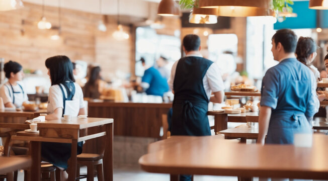 Busy Restaurant Vibe: The Energetic Atmosphere of a Restaurant, Featuring Chefs and Waiters in Constant Motion, All Obscured in a Beautiful Blur, Generative AI