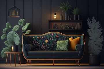 interior design. picture of a sofa a historical backdrop cozy interior design, black. Generative AI