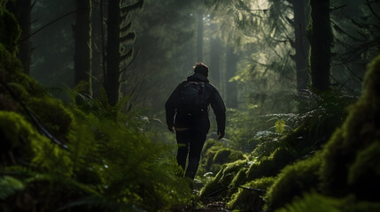 Back view of man hiking in the woods.
