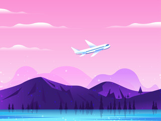 Transport vector illustration with nature scene, airplane, cloud, sky, etc