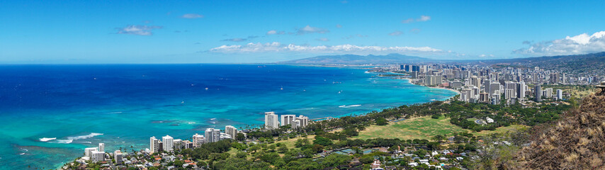 Panorama of Honolulu beach and city view from Diamond Head lookout in Waikiki