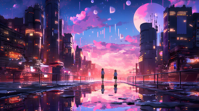 Anime Galaxy Cityscape: Captivating Stock Photo of a Futuristic Metropolis Set in a Vibrant and Otherworldly Universe