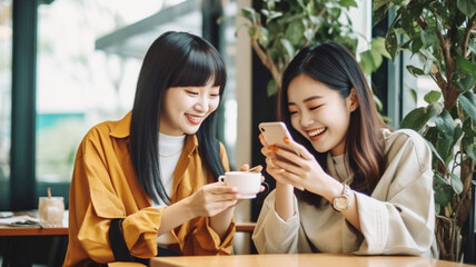 カフェで友達とスマホを見て笑う女性 Girls talking looking at smartphone in cafe - obrazy, fototapety, plakaty