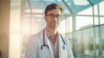 カメラ目線で笑顔の白衣を着た男性 医療従事者・研究者 Man in doctor coat smiling 