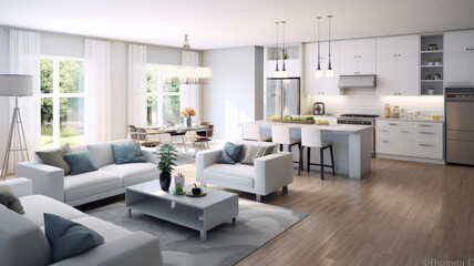 白とグレーのお洒落なリビングダイニングキッチン　White & Gray Open Plan Living Dining Room & kitchen Combo