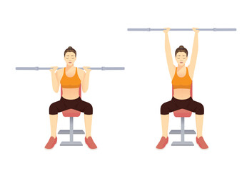 Sport woman doing workout with empty Barbell in Barbell shoulder press pose on bench.Illustration about exercise diagram for arm and chest and shoulder.