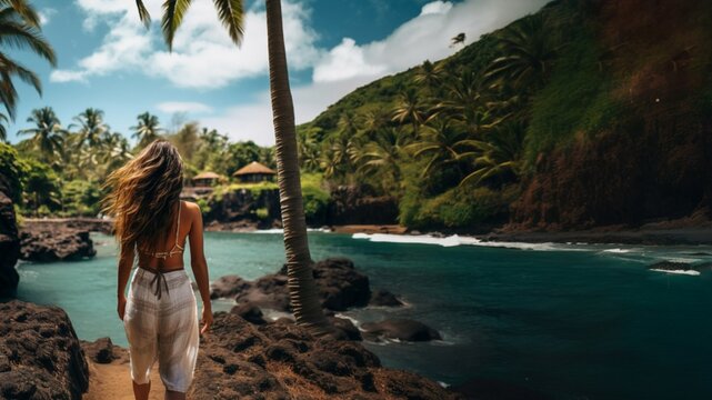 秘境のビーチリゾート バカンス 旅行中の女性 ロングヘア 水着 海 , | Unexplored beach resort Vacation Traveling woman Long hair Swimsuit Sea, Generative AI
