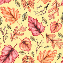 Watercolor autumn pattern with withered leaves on a yellow background