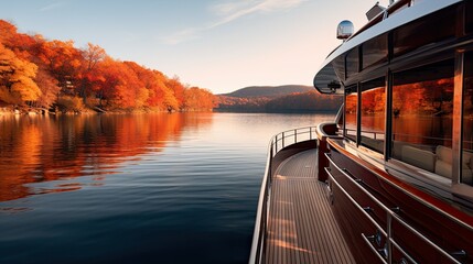 shot from the side of a luxury boat ship, capturing the sweeping view of an autumn lake - obrazy, fototapety, plakaty