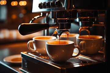 Aromatic Delights Capturing the Moment of Fresh Espresso Pouring from a Coffee Machine at a Cozy Coffee House. created with Generative AI