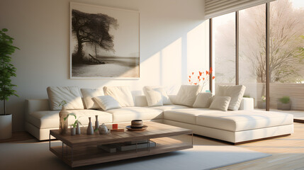 Stylish living room white l-shaped sofa interior with an abstract frame poster, modern interior design
