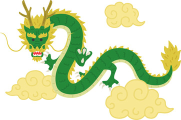 觔斗雲の中を泳ぐ、正面を向いた、龍のイラスト