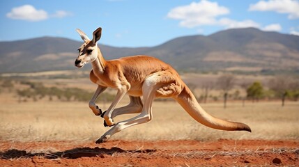 Agile red kangaroo in mid-jump across an Australian landscape
