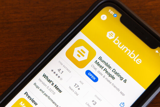 Vancouver, CANADA - Aug 29 2023 : Bumble app seen in App Store on iPhone screen. Bumble is an online dating and networking application by Bumble Inc.