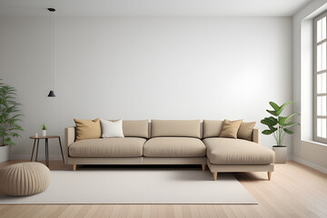 Interior wall mockup with sofa and beige pillows on empty white living room background. 3D rendering, illustration. Modern living room