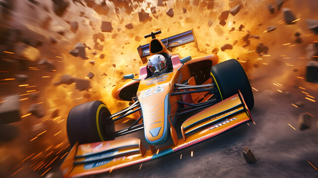 Spectacular Blaze: Stock Photo Capturing a Formula 9 Racing Car Exploding in a Kaleidoscope of Vibrant Fire and Smoke