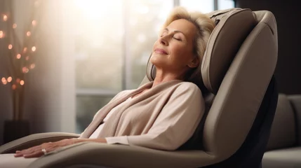 Deurstickers Senior woman relaxing therapy on the massage chair in living room. Modern electric massage chair. © Pro Hi-Res