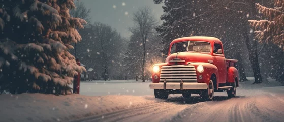 Fotobehang red truck car carrying christmas tree.winter season  © mariyana_117
