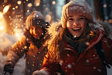 Obraz na płótnie Canvas happiness joyful children playing snowfall at winter season 
