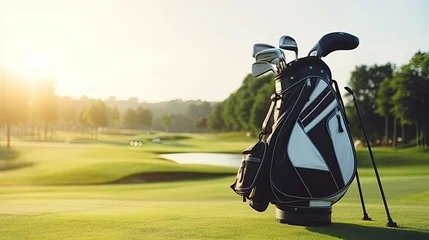 Wandaufkleber Generative AI, a sports bag with golf clubs stands on a green golf course, a professional elite golf club, a place for text, a lifestyle, an advertisement for a sports store © Julia Zarubina