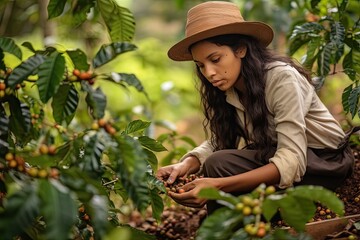Young woman picking coffee from a coffee plantation in Brazil,Generative AI