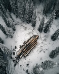 Aerial Drone Shot. Wooden Tree Felled, Snow-Covered Landscape. felling tree.