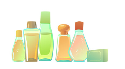 Bottled shampoos and soap. Still life. Detergent for washing body and objects. Foaming hygiene liquid. Isolated on white background. Vector.