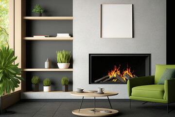 Modern living room mockup with fireplace and trendy wall shelves. Generative AI