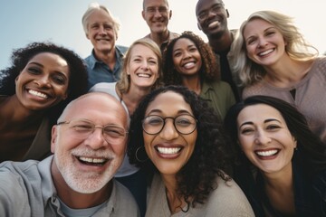 Diverse group of mature people of different races smiling happy face