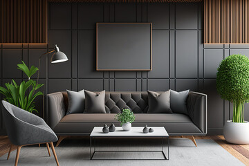 Interior of contemporary living room with wooden furniture, gray sofa and armchair, and gray and wooden walls. horizontal poster mockup. Generative AI