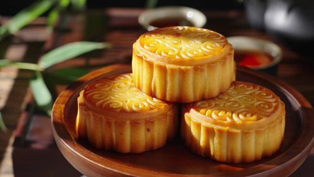 Traditional Chinese mid autumn festival food moon cake on wooden table	