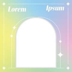 Cute Modern Trendy Aesthetic Minimalist Style with Arch Shape Form Liner Sparkle. Holographic Gradient Fluid Rainbow Pastel. Social Media Square Post Banner Template Border Frame Background Vector.