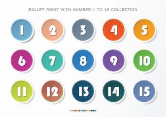 Bullet Points with number collection. Numbers from 1 to 15. Infographic buttons and points. Design easy to edit . Vector eps10.