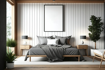 Modern bedroom with master bed, vertical poster, and white, gray, and wooden walls. mockup. Generative AI
