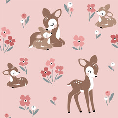 Seamless vector pattern with cute vintage fawn, mom and baby on floral background. Perfect for textile, wallpaper or print design. © MirabellePrint