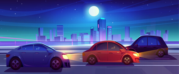 Fototapeta na wymiar Night city street road with car traffic background. Neon skyscraper cityscape with vehicle headlight on speedway at midnight. Asphalt route urban coastline panorama landscape with sea water and bridge
