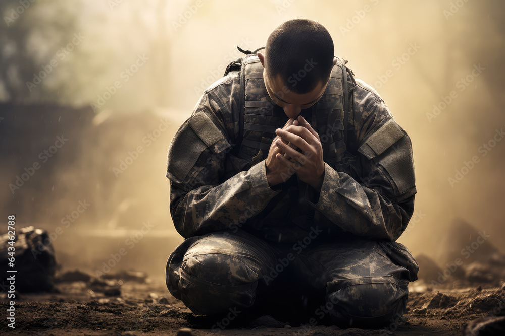 Wall mural soldier praying in military battle field