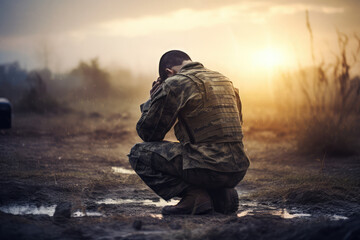 soldier praying in military battle field - obrazy, fototapety, plakaty