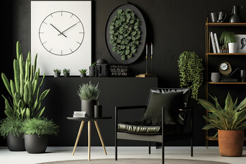 A trendy black chair, a wooden console, books, a plant, a clock, decorations, a grunge wall, and elegant personal accessories are all featured in this living room's interior design. Generative AI