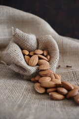 spilled almonds in burlap bag