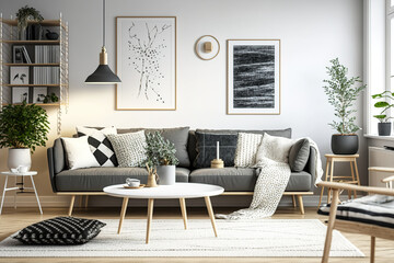 Design of a modern, attractive Scandinavian living room. Generative AI