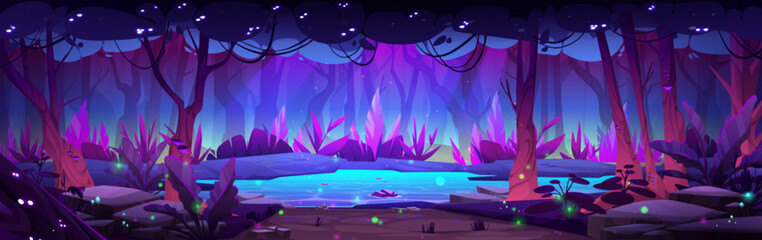 Fantasy forest pond cartoon landscape background. Magic garden at night with beautiful enchanted lake water and tree branches. Firefly glow at nighttime in adventure place for fairytale legend