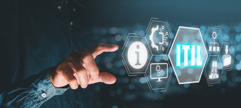 ITIL, Information Technology Infrastructure Library concept, Businessman hand touching Information Technology Infrastructure Library icon on virtual screen.