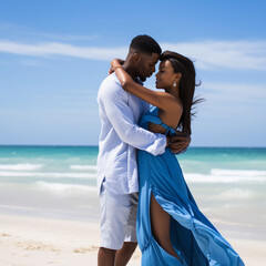 Black Couple Expressing Love on a Scenic Beach Backdrop