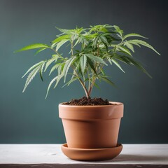 Obraz premium Cannabis plants in a flower pot, Canaabis Plants, Marijuana Buds, Close-up